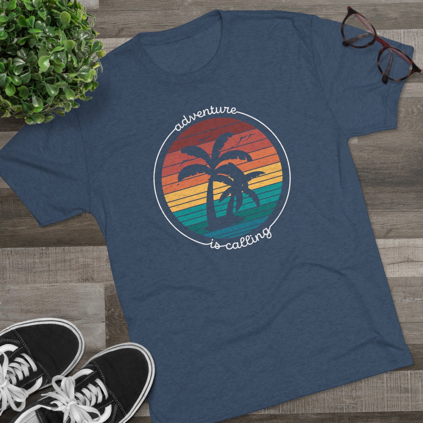 Adventure is Calling with Palm Trees Unisex Tri-Blend Crew Tee