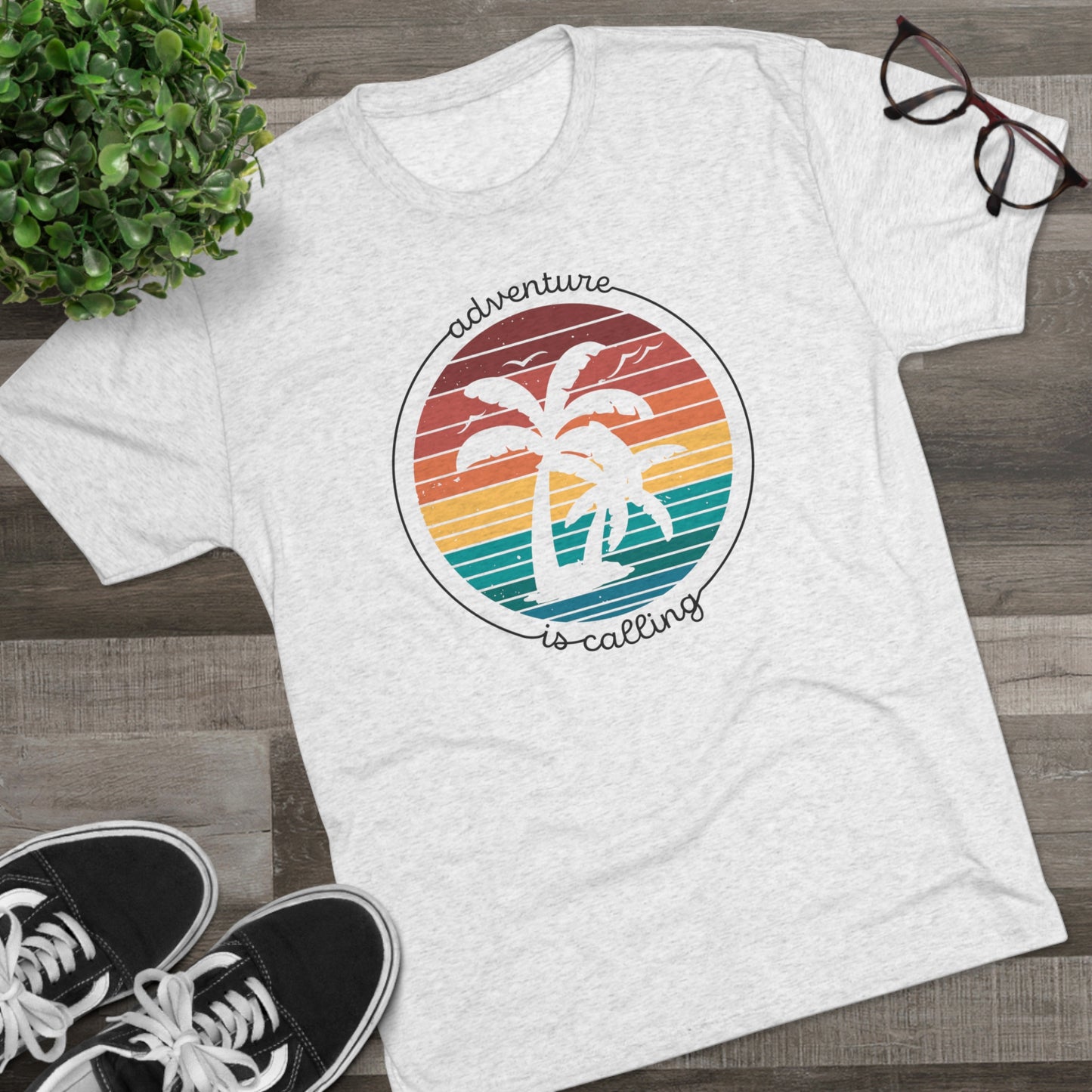 Adventure is Calling with Palm Trees Unisex Tri-Blend Crew Tee