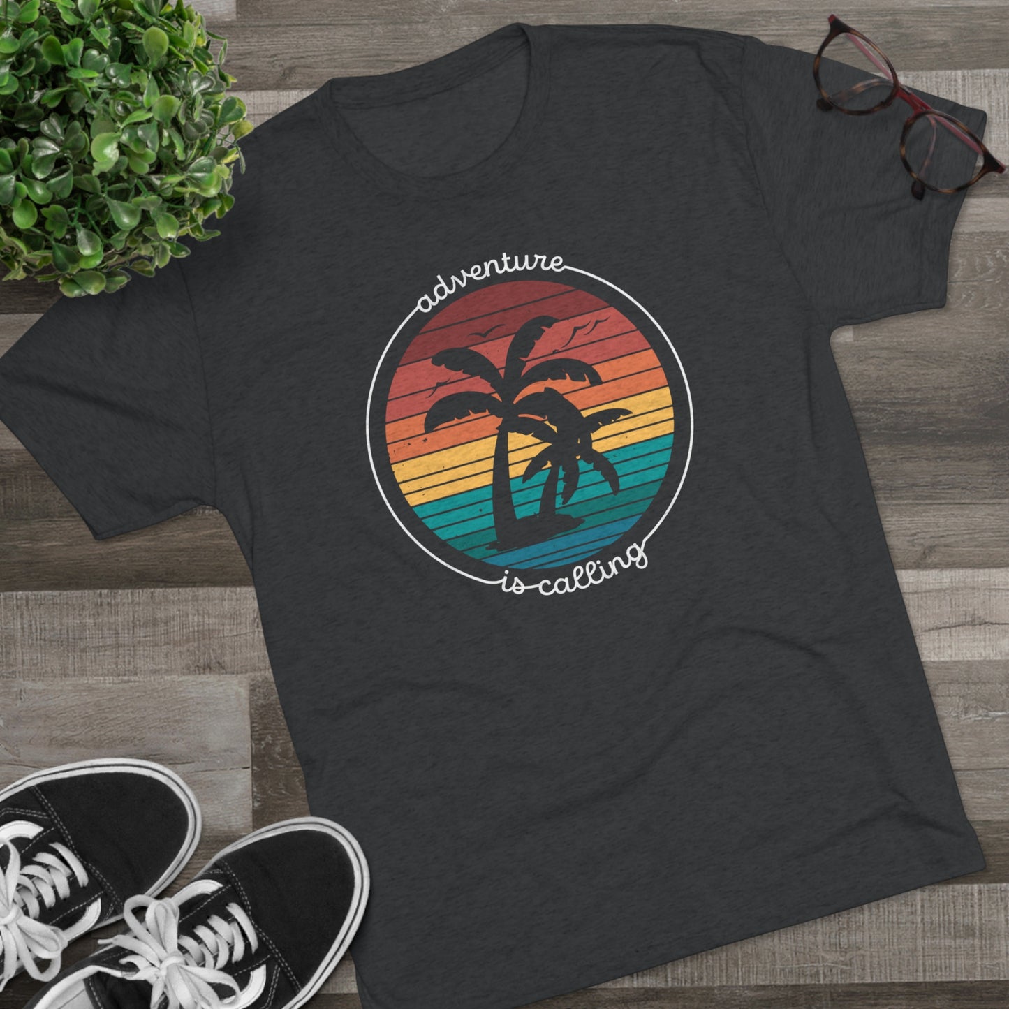 Adventure is Calling with Palm Trees Unisex Tri-Blend Crew Tee